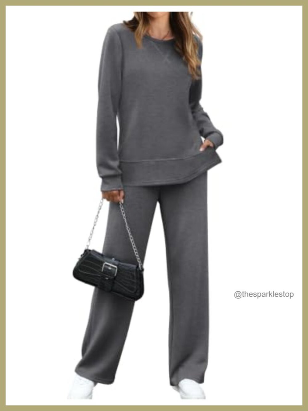 Women's 2 Piece Lounge Set Wide Leg Tracksuit Side Slit Long Sleeve Comfy